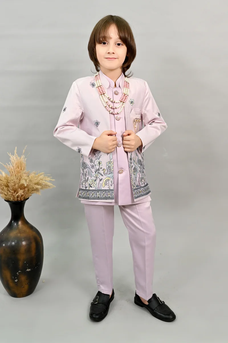 BT DEZINES Lilac Satin Floral Embroidered Sherwani Set for Boys